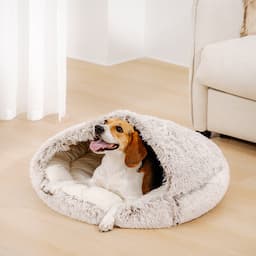 Calming Plush Semi-Enclosed Pet Nest Bed, Khaki / S